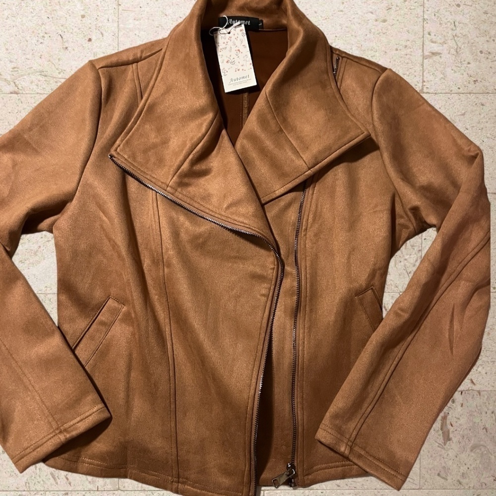 Moto-Style Soft Vegan Suede Lightweight Long Sleeve Jacket-Tan/LG/NWT - Picture 8 of 15